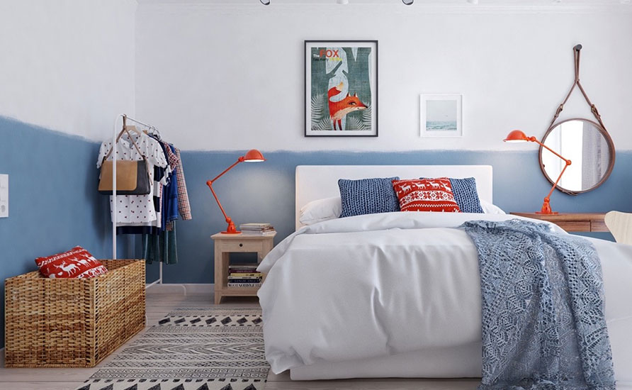 دکوراسیون اتاق خواب فانتزی با ترکیب رنگ آبی کم رنگ و سفید
